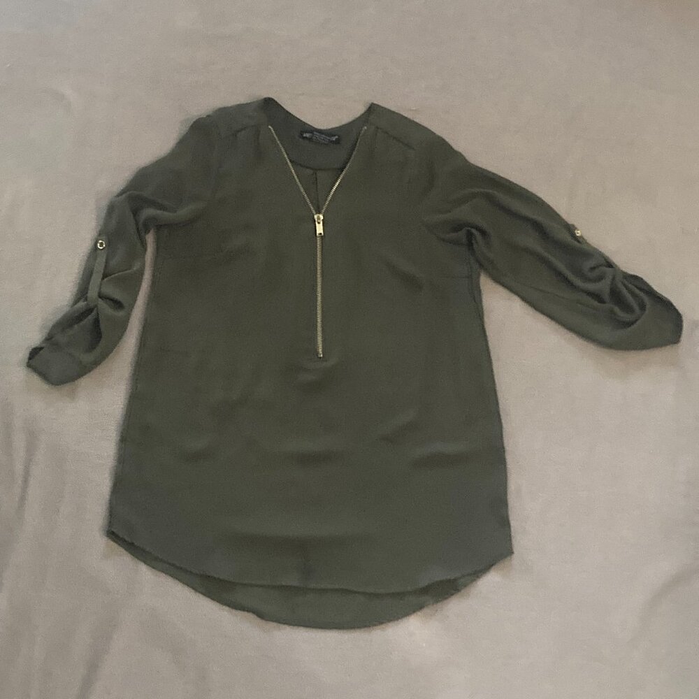 Olive green blouse with zipper front